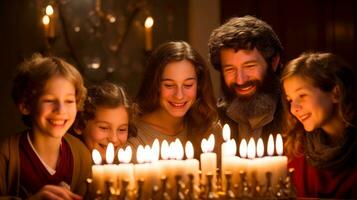 Lycklig utökad jewish familj fira hanukkah medan sammankomst på dining tabell, levande ljus den där lyser ljust, generativ ai illustration foto