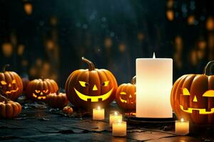 halloween pumpor samlade in med flimmer ljus i en läskigt arrangemang ai genererad foto