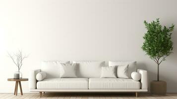 mysigt modern levande rum. främre se av vit soffa i de hus. generativ ai foto