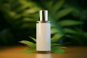 elegant vit serum kosmetika 3d attrapp mot frodig grön bakgrund ai genererad foto