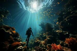 vibrerande korall ekosystem illustrerade som en dykare utforskar de under vattnet värld ai genererad foto