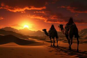 öken- soluppgång tänds en linje av kameler korsning sandig sanddyner ai genererad foto