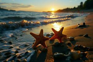 skymningar charm, par av sjöstjärna resten på strand, silhuett mot miljö Sol ai genererad foto