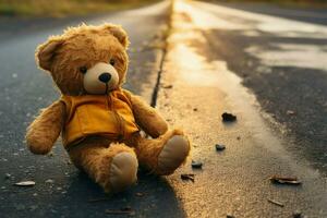 på de gata, en melankolisk teddy Björn hoppas till hitta Hem ai genererad foto