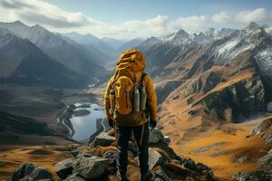 utforskare, gul ryggsäck i bogsera, strövar omkring pittoresk berg landskap ai genererad foto