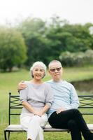 asiatisk senior par har en Bra tid. de skrattande och leende medan Sammanträde utomhus- på de parkera. härlig senior par foto