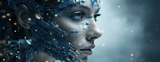 Foto robot trevlig kvinna med del av hud och metall på ansikte, stänga upp generativ ai
