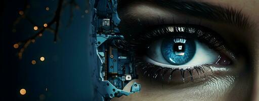Foto artificiell intelligens kvinna robot med blå lysande ljus generativ ai