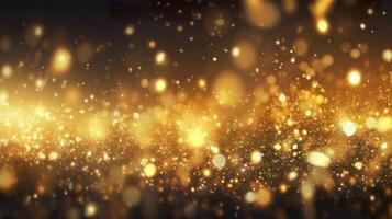 abstrakt lyx guld bakgrund med guld partiklar. glitter årgång lampor bakgrund. jul gyllene ljus glans partiklar bokeh på mörk bakgrund. guld folie textur. Semester. ai generativ foto