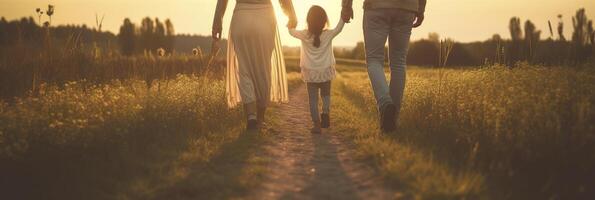 Lycklig familj mor far och dotter promenad på natur på solnedgång håll hand. ai generativ foto