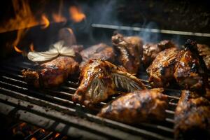 gott kyckling ben och vingar på de grill med brand lågor. neuralt nätverk ai genererad foto