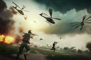 vietnam krig med helikoptrar och explosioner. neuralt nätverk ai genererad foto