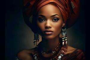 skön afrikansk kvinna i etnisk klänning. neuralt nätverk ai genererad foto