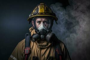 stänga upp porträtt av ansikte brandman bär skyddande enhetlig och ett skyddande mask. neuralt nätverk ai genererad foto