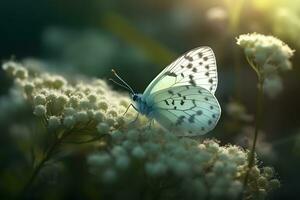 blomstrande sakura. gren av blomstrande sakura och ljus blå morpho fjäril. neuralt nätverk ai genererad foto