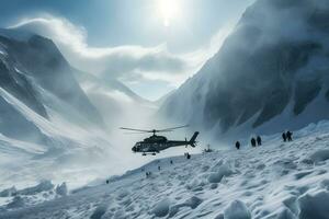rädda helikopter flygande i en snöig landskap. neuralt nätverk ai genererad foto