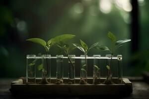 grön färsk växt i glas testa rör i laboratorium. neuralt nätverk ai genererad foto