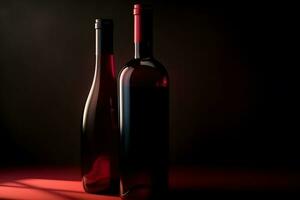 flaska av vin på en mörk bakgrund. beaujolais nouveau. neuralt nätverk ai genererad foto