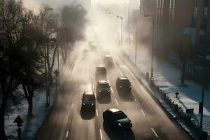 luft förorening från de uttömma av bilar i de stad under de kall dag, miljö- förorening i de stad. neuralt nätverk ai genererad foto