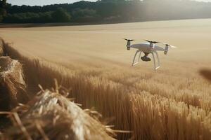 Drönare flygande över de fält. smart lantbruk kontrollerade. neuralt nätverk ai genererad foto