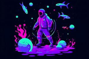 astronaut och under vattnet värld, psychedelic stil. neuralt nätverk ai genererad foto