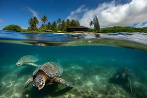 hav sköldpadda stänga upp över korall rev i hawaii. neuralt nätverk ai genererad foto