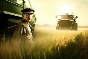 jordbrukare och jordbruks traktor i de fält. neuralt nätverk ai genererad foto