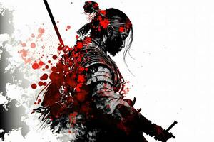 en omtänksam samuraj i rustning står i profil mot de abstrakt röd och vit bakgrund. neuralt nätverk genererad konst foto