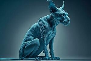 skön sphynx katt porträtt i blå färger. neuralt nätverk genererad konst foto