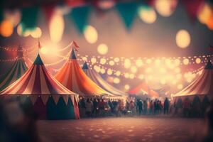 natt se av en cirkus tält och många ljus lampor med suddig bakgrund. neuralt nätverk ai genererad foto