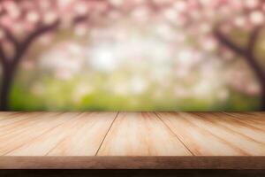 vår säsong- av rosa sakura gren med trä- tabell stå, blomma bakgrund. neuralt nätverk ai genererad foto
