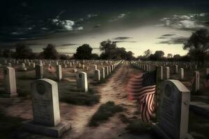 amerikan flagga vinka Nästa till en grav på de amerikan kyrkogård och minnesmärke. neuralt nätverk ai genererad foto