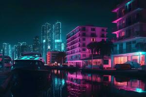 neon stad synthwave retrowave stil. neuralt nätverk ai genererad foto