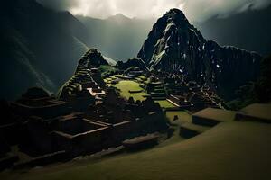 machu picchu, en peruvian historisk fristad. neuralt nätverk ai genererad foto