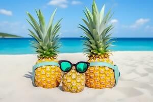 familj av rolig attraktiv ananas i eleganta solglasögon på de sand mot turkos hav. tropisk sommar semester begrepp. neuralt nätverk ai genererad foto