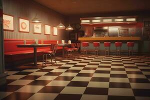 gammal fashioned röd bar avföring i amerikan burger retro diner restaurang. interiör av bar är i traditionell amerikan stil. neuralt nätverk ai genererad foto