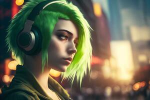 porträtt av ung flicka med grön hår lyssnande musik med hörlurar på stad gata. neuralt nätverk genererad konst foto