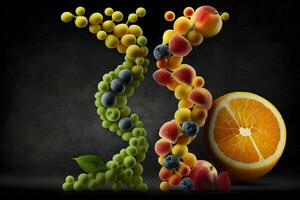 gmo mat och genetiskt ändrad gröda eller konstruerad lantbruk begrepp frukt och grönsaker. neuralt nätverk genererad konst foto