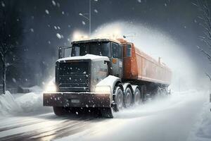 snö plog lastbil rengöring snöig väg i snöstorm. snöfall på de uppfart. neuralt nätverk genererad konst foto