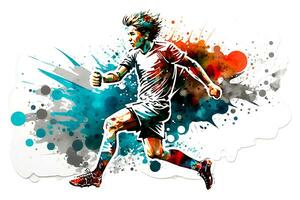 fotboll fotboll spelare i verkan med regnbåge vattenfärg stänk. isolerat vit bakgrund. neuralt nätverk genererad konst foto