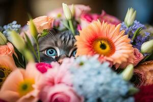 porträtt av en tabby katt i gräs och blommor. neuralt nätverk ai genererad foto