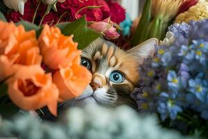 porträtt av en tabby katt i gräs och blommor. neuralt nätverk ai genererad foto