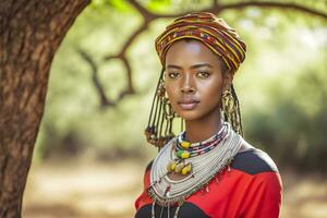 porträtt av en skön afrikansk kvinna i etnisk stil. neuralt nätverk ai genererad foto