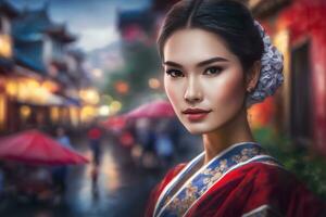 porträtt av en skön asiatisk thai kvinna. neuralt nätverk ai genererad foto