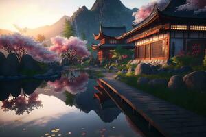 orientalisk landskap med japansk traditionell byggnad stänga till flod och molnig bergen i tid av sakura blomma. neuralt nätverk genererad konst foto