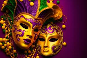 grupp av venetian mardi gras mask eller maskera på en färgrik ljus bakgrund. neuralt nätverk genererad konst foto