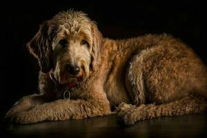 gyllene labradoodle hund på en svart bakgrund. neuralt nätverk ai genererad foto