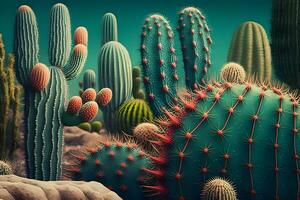öken- kaktusar kaktus blomma och saguaros. neuralt nätverk ai genererad foto