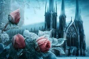 vinter- gotik slott med rosor. neuralt nätverk ai genererad foto