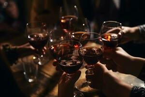 grupp av vänner njuter alkohol drycker. ung människor händer glädjande på bar restaurang. neuralt nätverk ai genererad foto